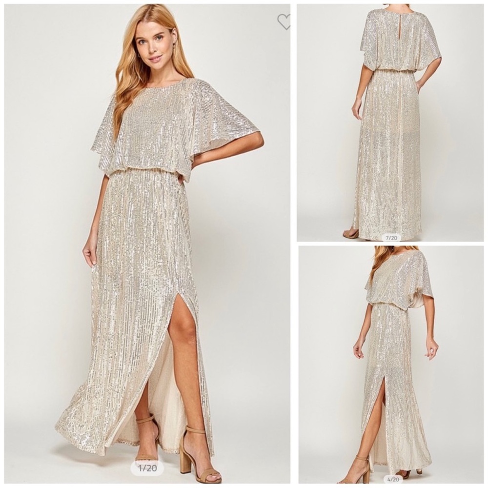 See And Be SeenGold Sequin Front Split Brides Maids Wedding Guest‎ Maxi Dress S